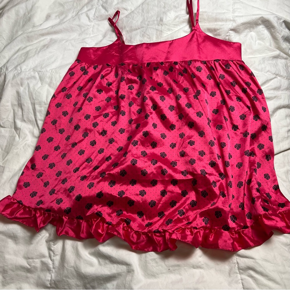 Victorias Secret Sexy Little Things Babydoll Pink Rose Print Satin Ruffle Hem L